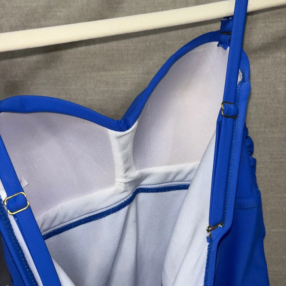 New GRND Blue Ruched‎ Tankini Swim Top S Adjustable Straps Recycled Polyester
